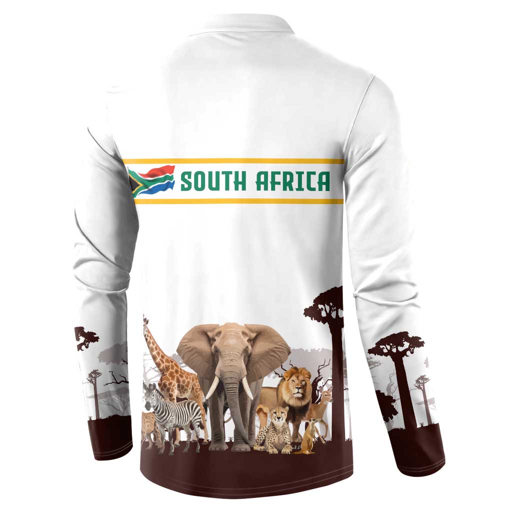 South Africa Wildlife Pride Button Sweatshirt Big Five with National Flag and Protea Floral Accent