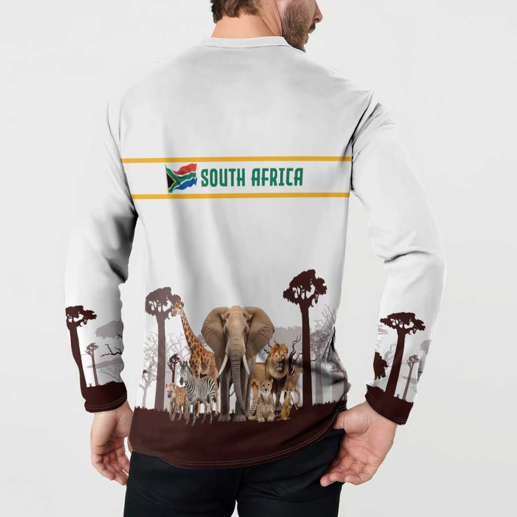 South Africa Wildlife Pride Button Sweatshirt Big Five with National Flag and Protea Floral Accent