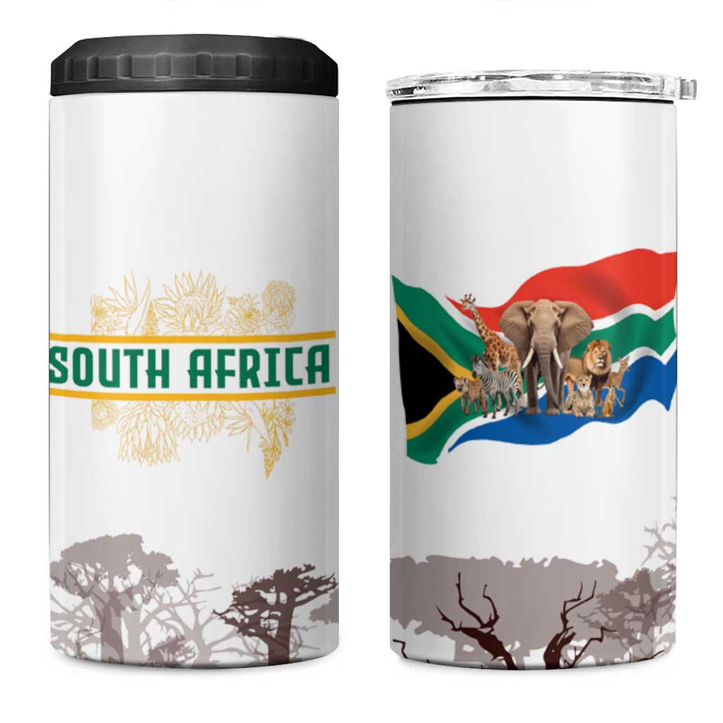 South Africa Wildlife Pride 4 in 1 Can Cooler Tumbler Big Five with National Flag and Protea Floral Accent