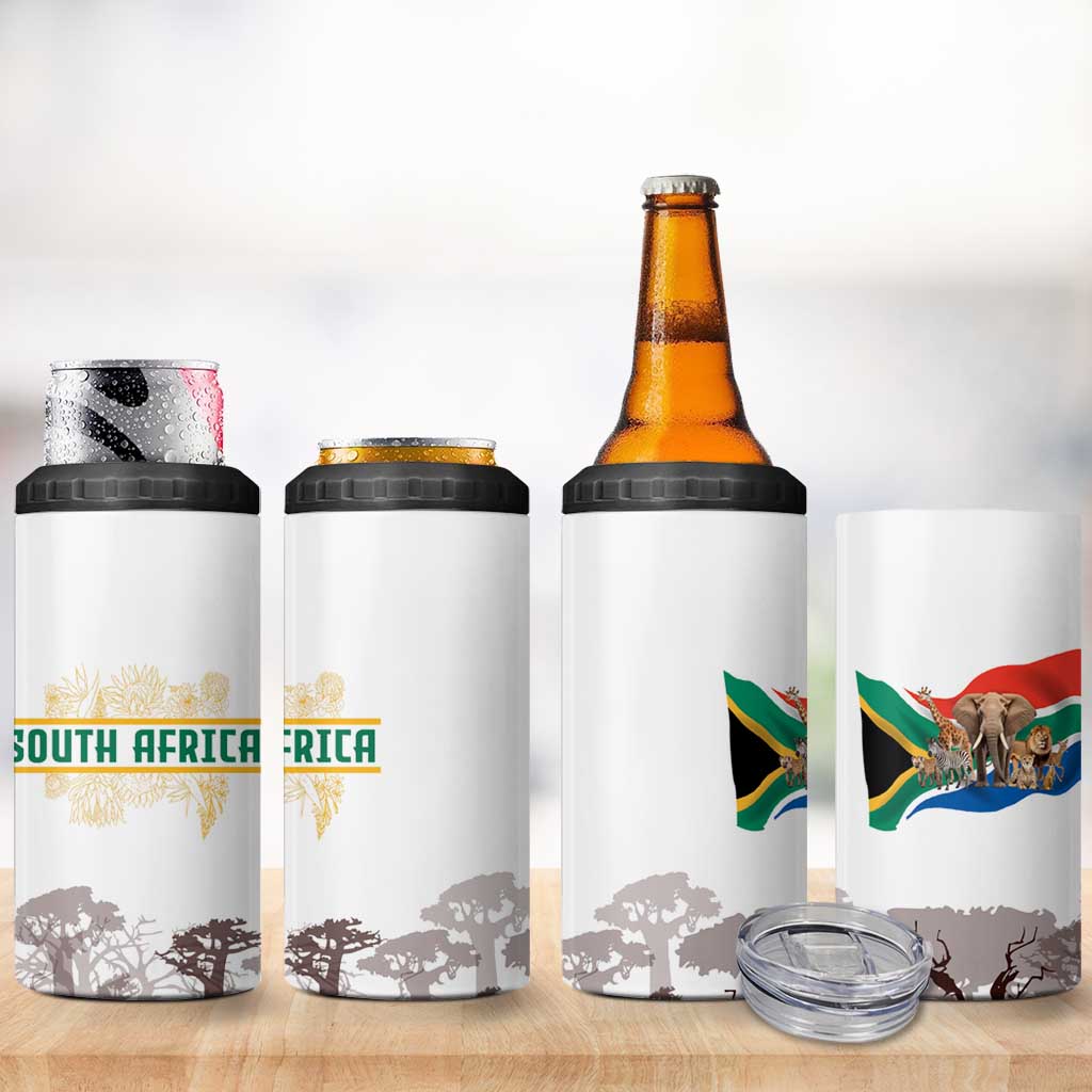 South Africa Wildlife Pride 4 in 1 Can Cooler Tumbler Big Five with National Flag and Protea Floral Accent