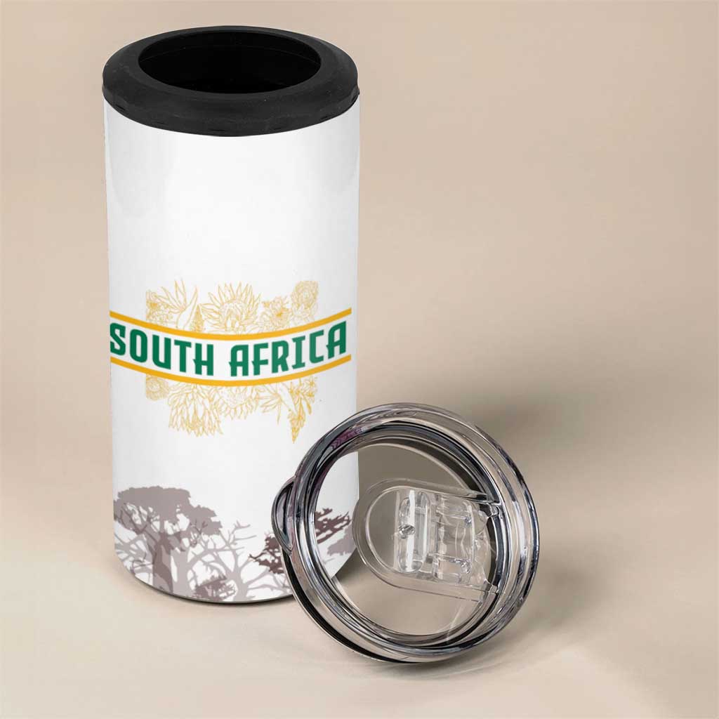 South Africa Wildlife Pride 4 in 1 Can Cooler Tumbler Big Five with National Flag and Protea Floral Accent