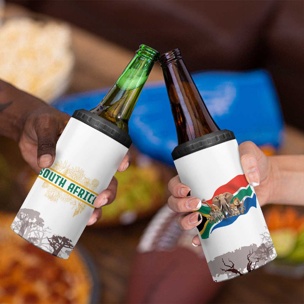 South Africa Wildlife Pride 4 in 1 Can Cooler Tumbler Big Five with National Flag and Protea Floral Accent