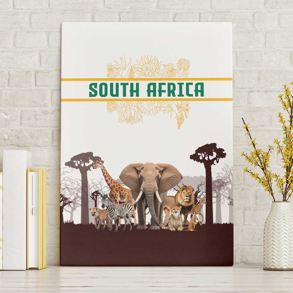 South Africa Wildlife Pride Canvas Wall Art Big Five with National Flag and Protea Floral Accent
