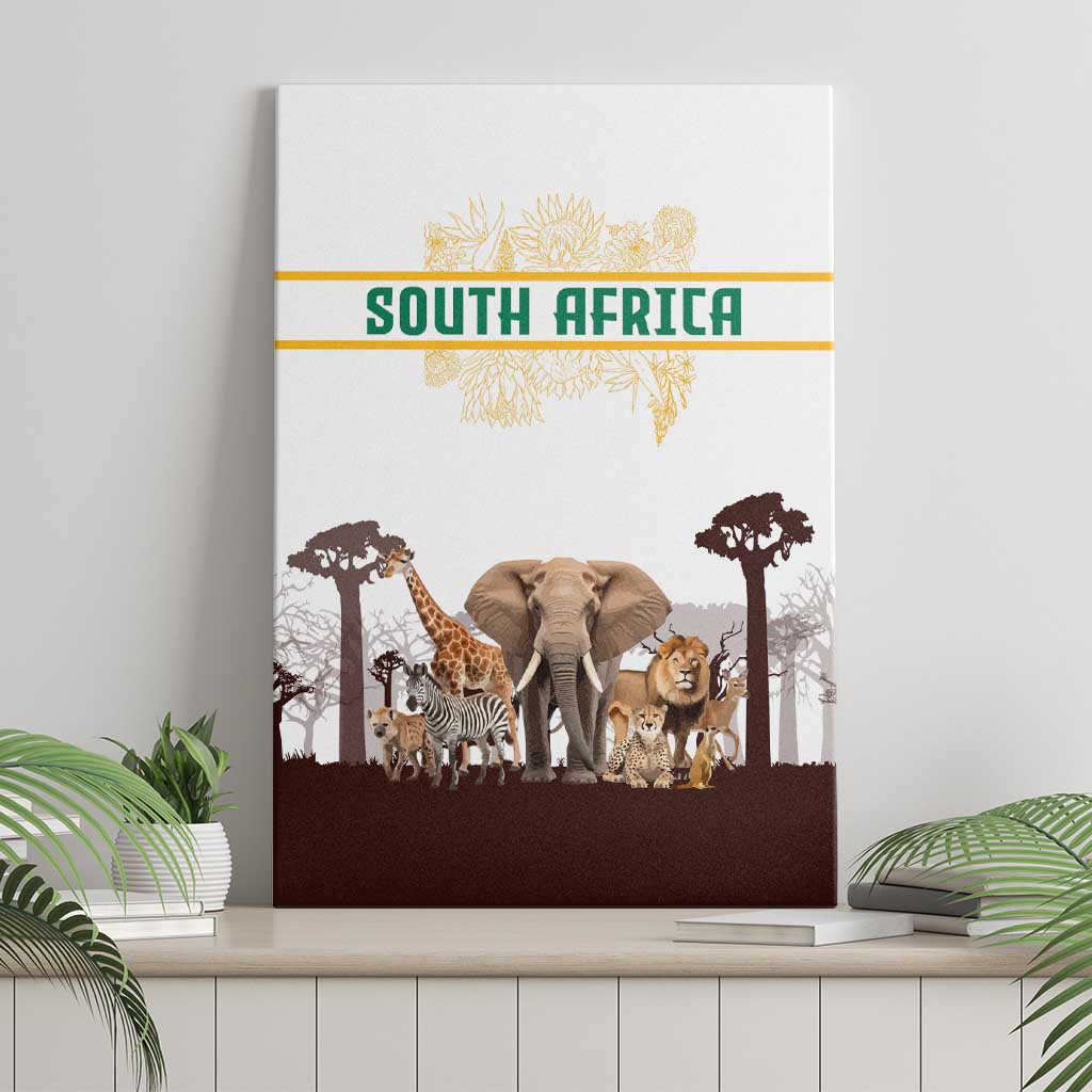 South Africa Wildlife Pride Canvas Wall Art Big Five with National Flag and Protea Floral Accent