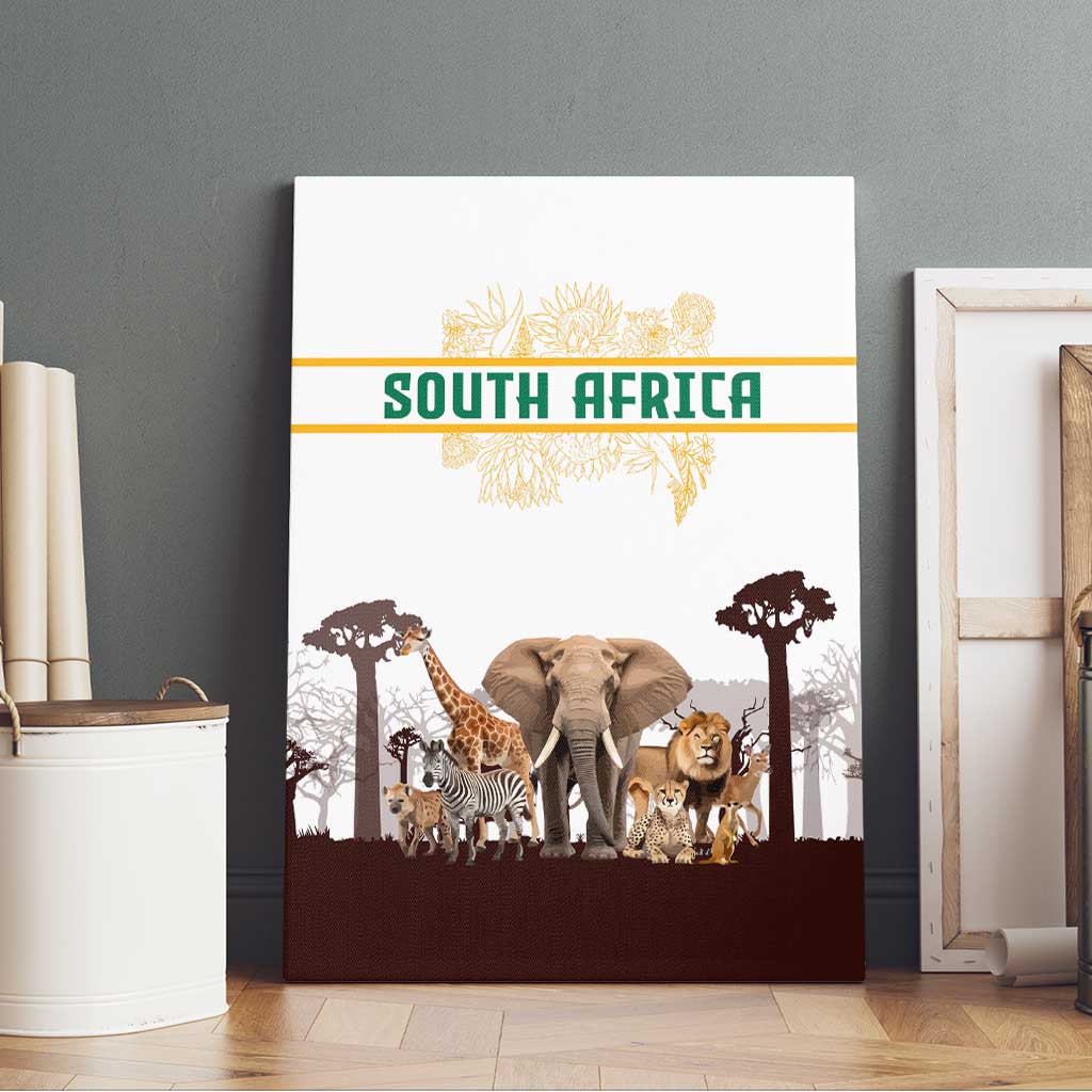 South Africa Wildlife Pride Canvas Wall Art Big Five with National Flag and Protea Floral Accent