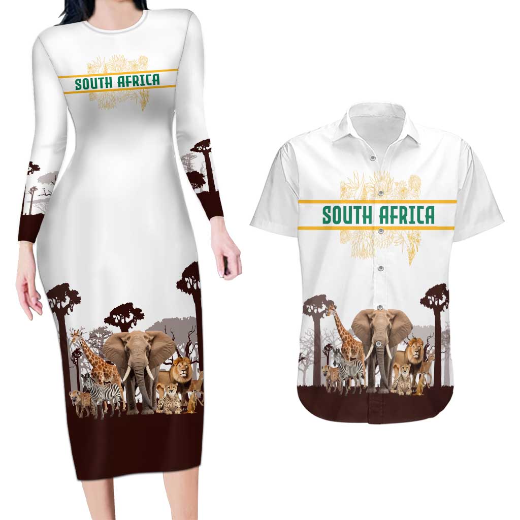 South Africa Wildlife Pride Couples Matching Long Sleeve Bodycon Dress and Hawaiian Shirt Big Five with National Flag and Protea Floral Accent
