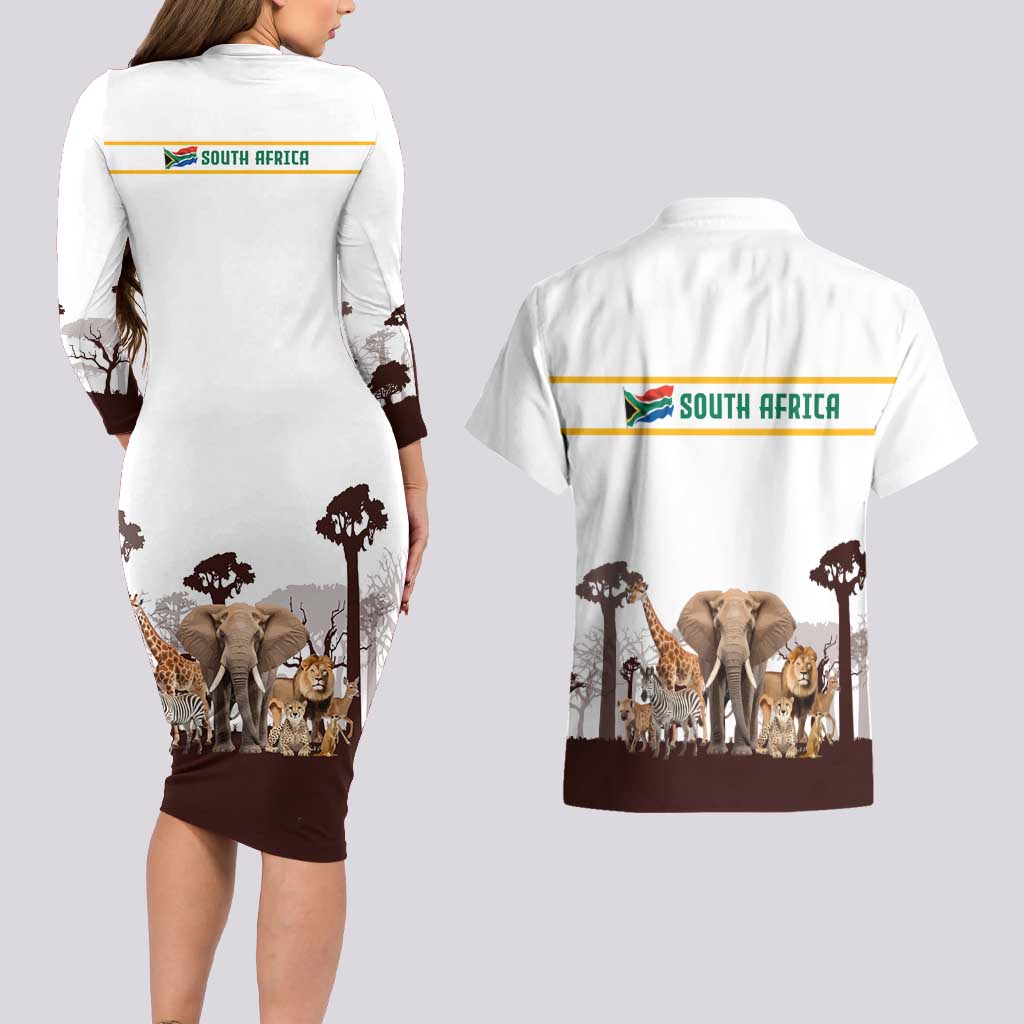 South Africa Wildlife Pride Couples Matching Long Sleeve Bodycon Dress and Hawaiian Shirt Big Five with National Flag and Protea Floral Accent