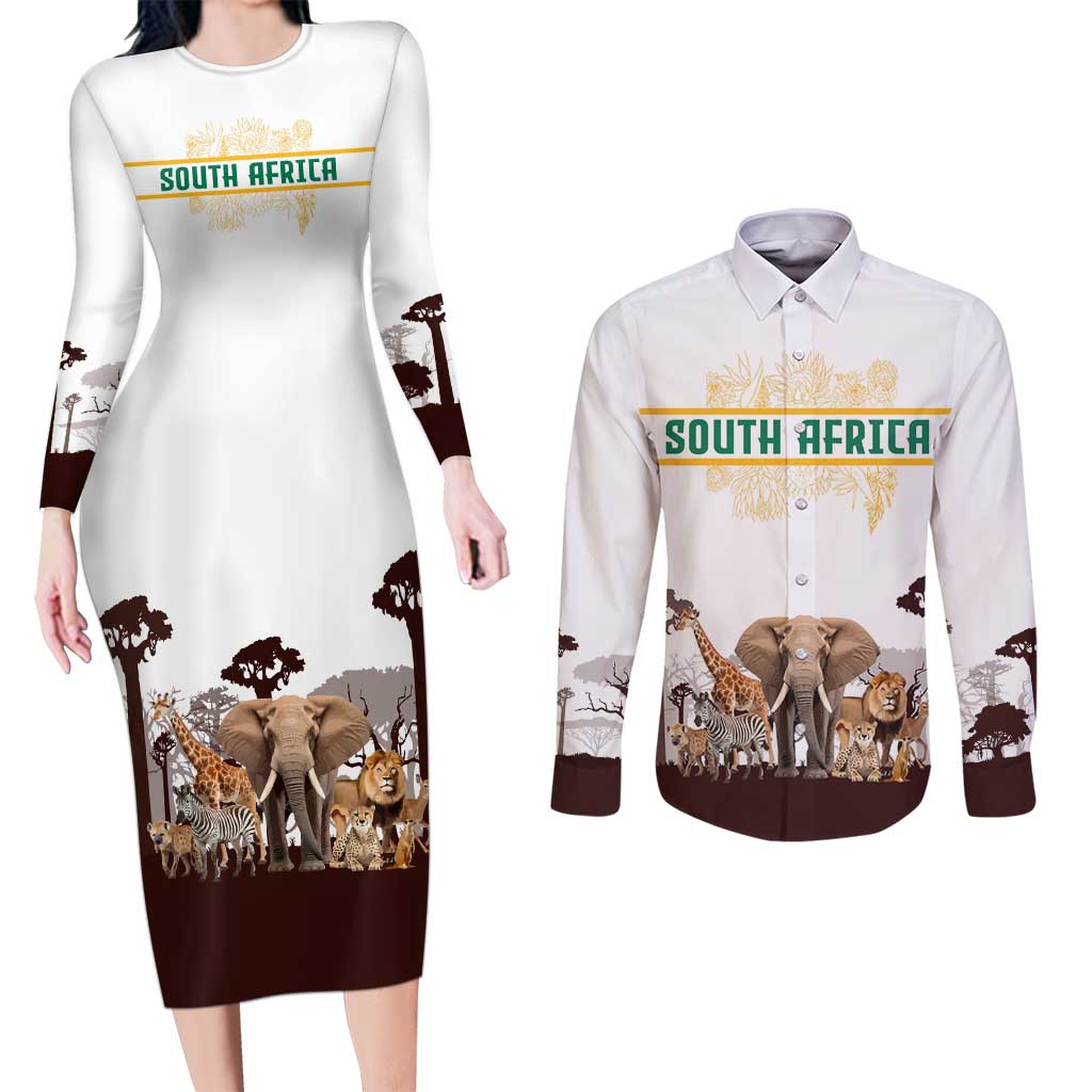 South Africa Wildlife Pride Couples Matching Long Sleeve Bodycon Dress and Long Sleeve Button Shirt Big Five with National Flag and Protea Floral Accent