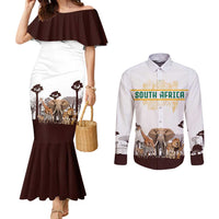 South Africa Wildlife Pride Couples Matching Mermaid Dress and Long Sleeve Button Shirt Big Five with National Flag and Protea Floral Accent
