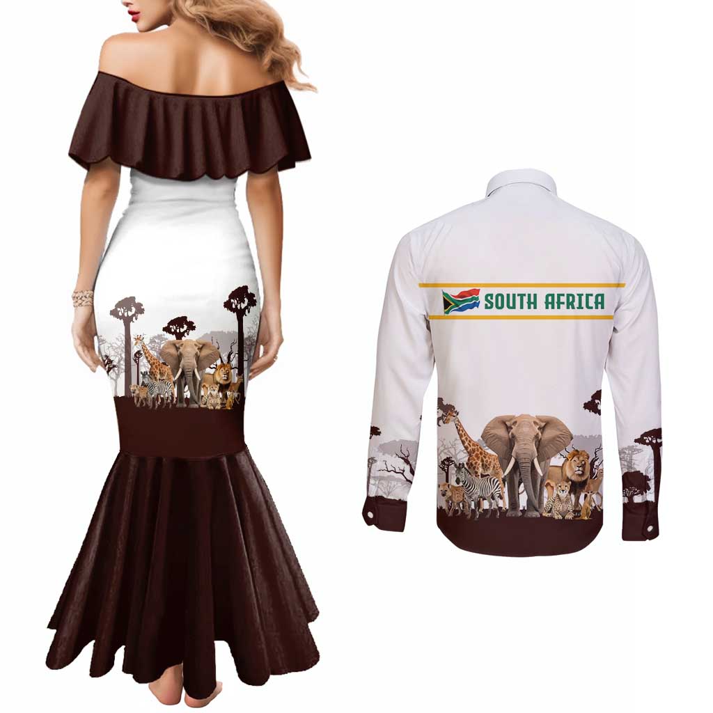 South Africa Wildlife Pride Couples Matching Mermaid Dress and Long Sleeve Button Shirt Big Five with National Flag and Protea Floral Accent