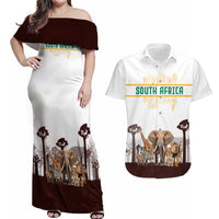 South Africa Wildlife Pride Couples Matching Off Shoulder Maxi Dress and Hawaiian Shirt Big Five with National Flag and Protea Floral Accent