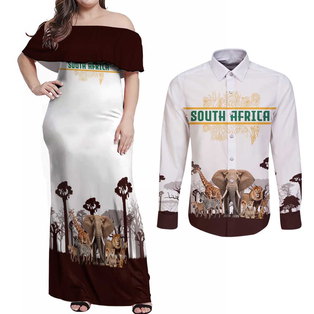 South Africa Wildlife Pride Couples Matching Off Shoulder Maxi Dress and Long Sleeve Button Shirt Big Five with National Flag and Protea Floral Accent