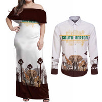 South Africa Wildlife Pride Couples Matching Off Shoulder Maxi Dress and Long Sleeve Button Shirt Big Five with National Flag and Protea Floral Accent