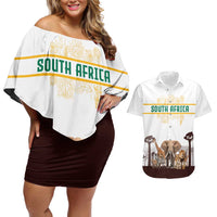 South Africa Wildlife Pride Couples Matching Off Shoulder Short Dress and Hawaiian Shirt Big Five with National Flag and Protea Floral Accent