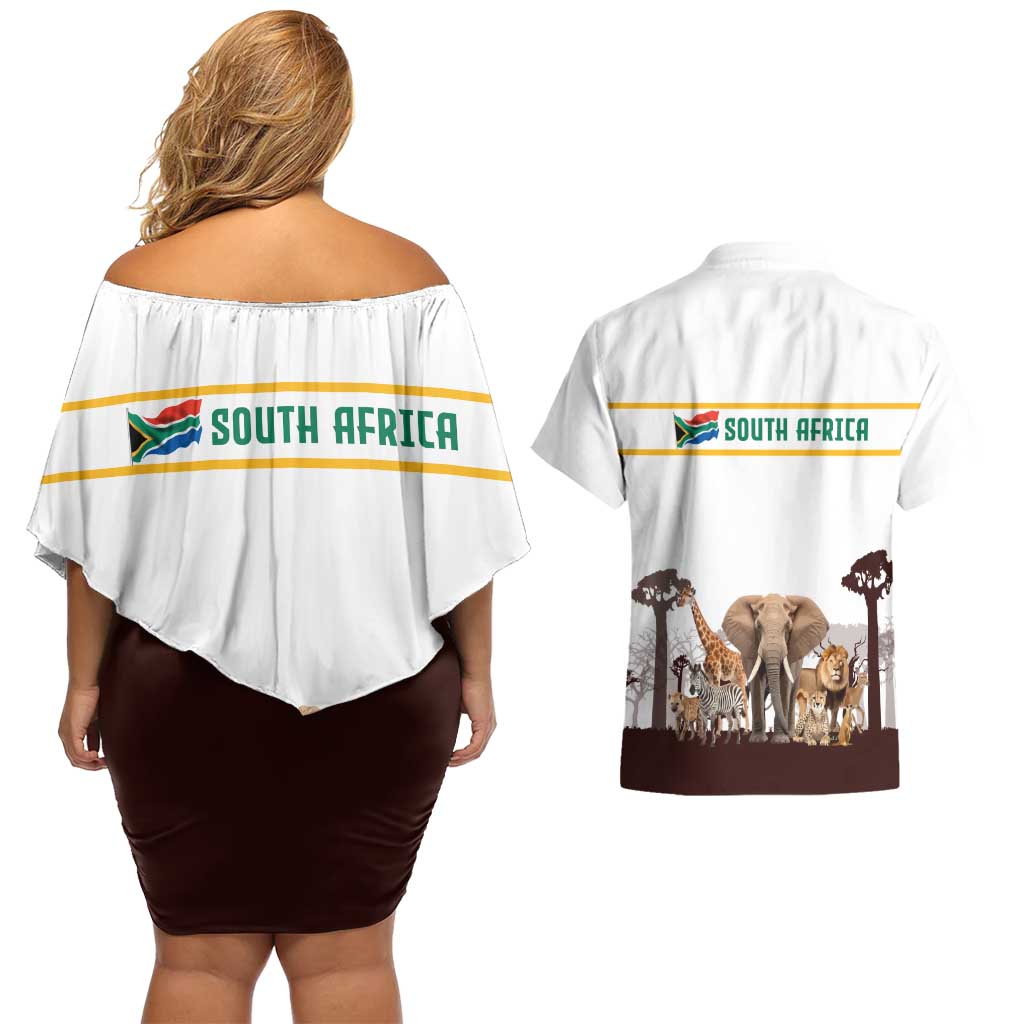 South Africa Wildlife Pride Couples Matching Off Shoulder Short Dress and Hawaiian Shirt Big Five with National Flag and Protea Floral Accent
