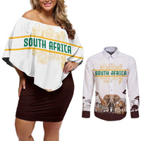 South Africa Wildlife Pride Couples Matching Off Shoulder Short Dress and Long Sleeve Button Shirt Big Five with National Flag and Protea Floral Accent