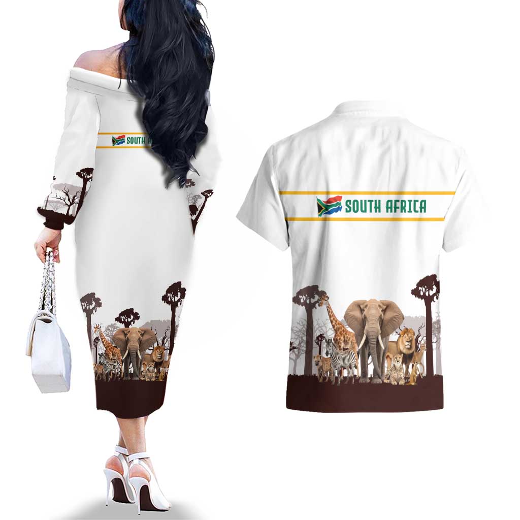 South Africa Wildlife Pride Couples Matching Off The Shoulder Long Sleeve Dress and Hawaiian Shirt Big Five with National Flag and Protea Floral Accent