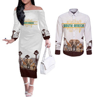 South Africa Wildlife Pride Couples Matching Off The Shoulder Long Sleeve Dress and Long Sleeve Button Shirt Big Five with National Flag and Protea Floral Accent