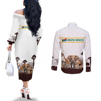South Africa Wildlife Pride Couples Matching Off The Shoulder Long Sleeve Dress and Long Sleeve Button Shirt Big Five with National Flag and Protea Floral Accent