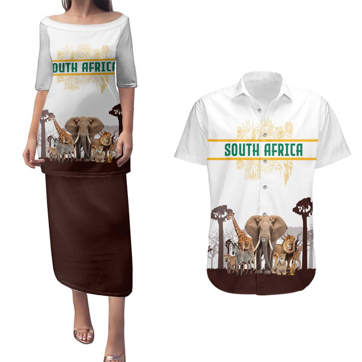South Africa Wildlife Pride Couples Matching Puletasi and Hawaiian Shirt Big Five with National Flag and Protea Floral Accent