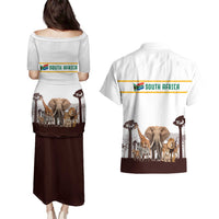 South Africa Wildlife Pride Couples Matching Puletasi and Hawaiian Shirt Big Five with National Flag and Protea Floral Accent