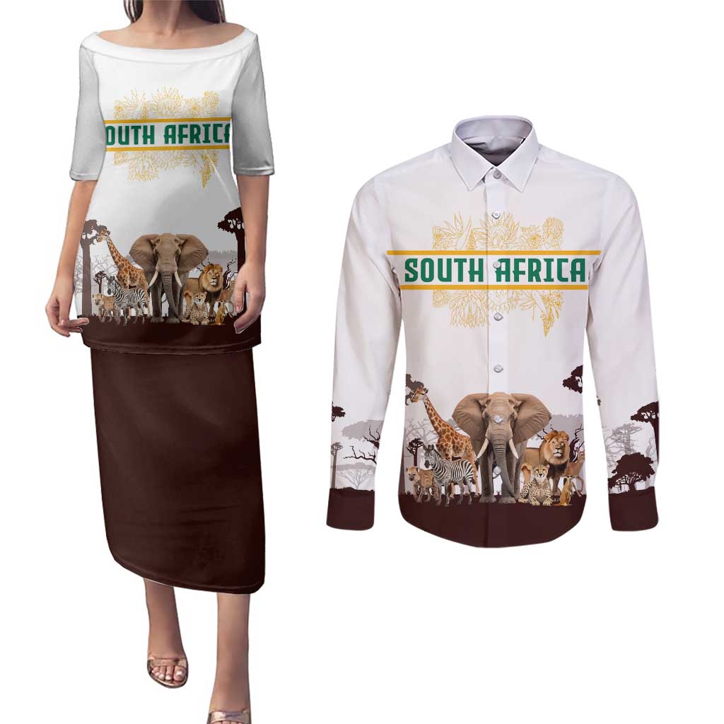 South Africa Wildlife Pride Couples Matching Puletasi and Long Sleeve Button Shirt Big Five with National Flag and Protea Floral Accent