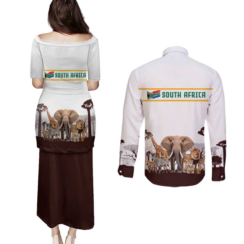 South Africa Wildlife Pride Couples Matching Puletasi and Long Sleeve Button Shirt Big Five with National Flag and Protea Floral Accent