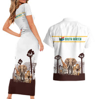 South Africa Wildlife Pride Couples Matching Short Sleeve Bodycon Dress and Hawaiian Shirt Big Five with National Flag and Protea Floral Accent