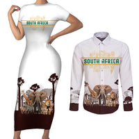 South Africa Wildlife Pride Couples Matching Short Sleeve Bodycon Dress and Long Sleeve Button Shirt Big Five with National Flag and Protea Floral Accent