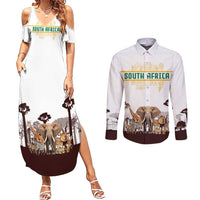 South Africa Wildlife Pride Couples Matching Summer Maxi Dress and Long Sleeve Button Shirt Big Five with National Flag and Protea Floral Accent