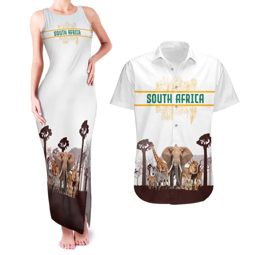 South Africa Wildlife Pride Couples Matching Tank Maxi Dress and Hawaiian Shirt Big Five with National Flag and Protea Floral Accent