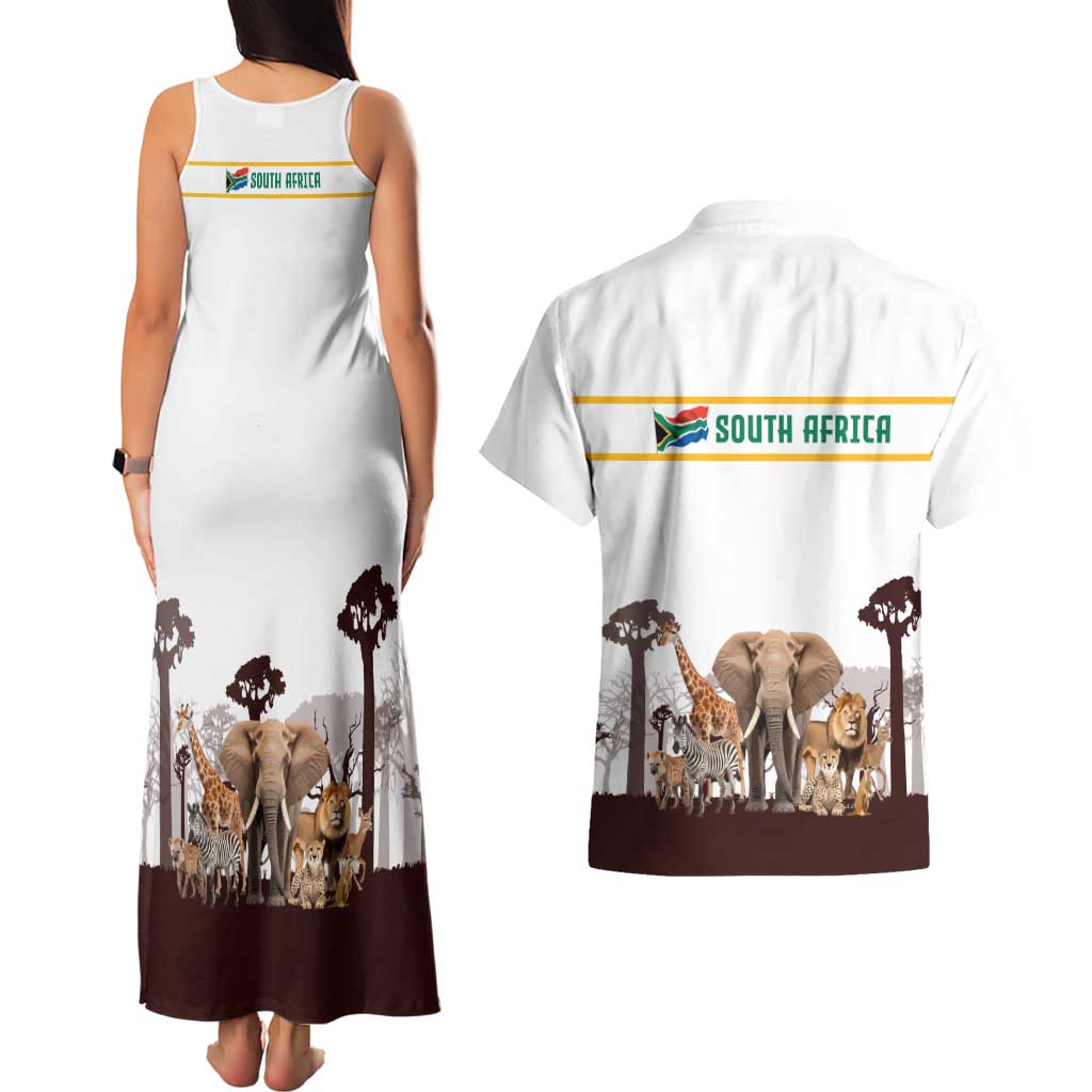 South Africa Wildlife Pride Couples Matching Tank Maxi Dress and Hawaiian Shirt Big Five with National Flag and Protea Floral Accent