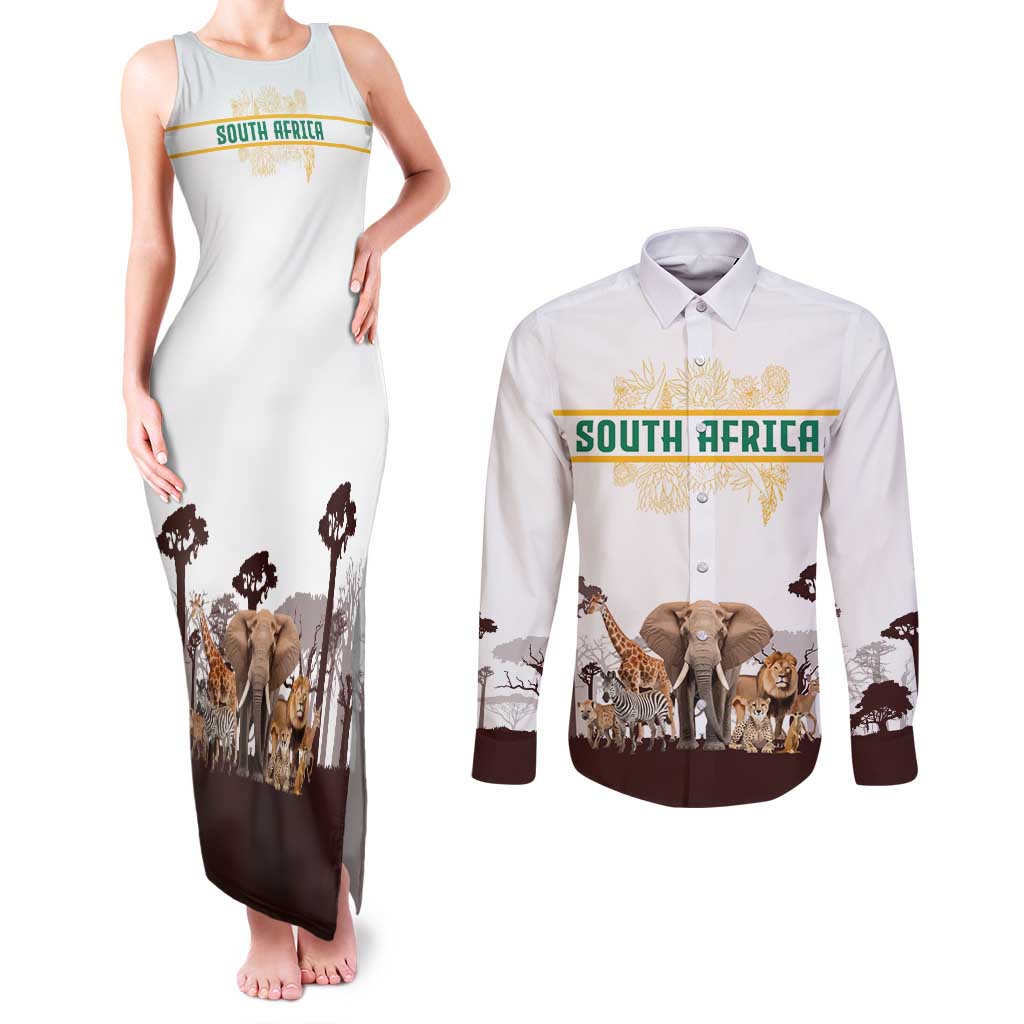 South Africa Wildlife Pride Couples Matching Tank Maxi Dress and Long Sleeve Button Shirt Big Five with National Flag and Protea Floral Accent