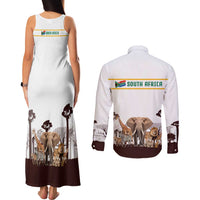 South Africa Wildlife Pride Couples Matching Tank Maxi Dress and Long Sleeve Button Shirt Big Five with National Flag and Protea Floral Accent