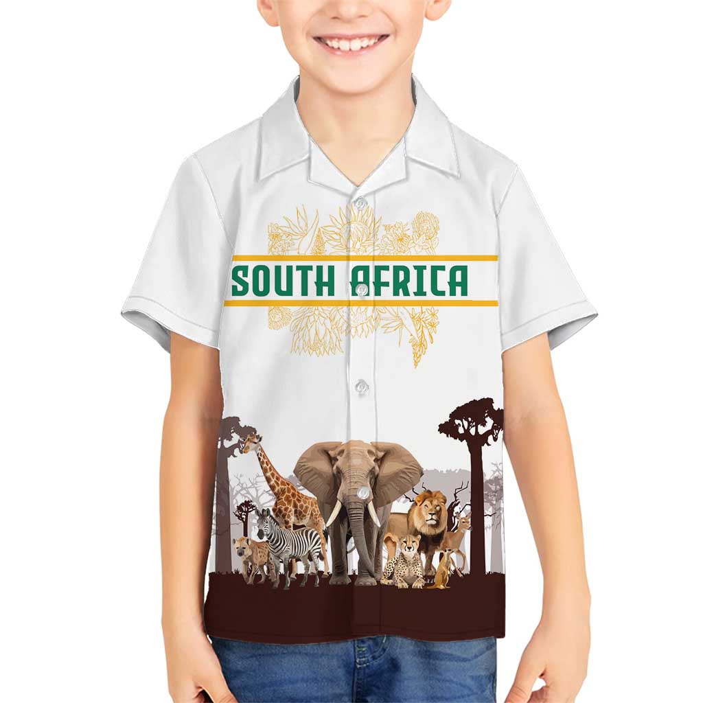 South Africa Wildlife Pride Family Matching Long Sleeve Bodycon Dress and Hawaiian Shirt Big Five with National Flag and Protea Floral Accent