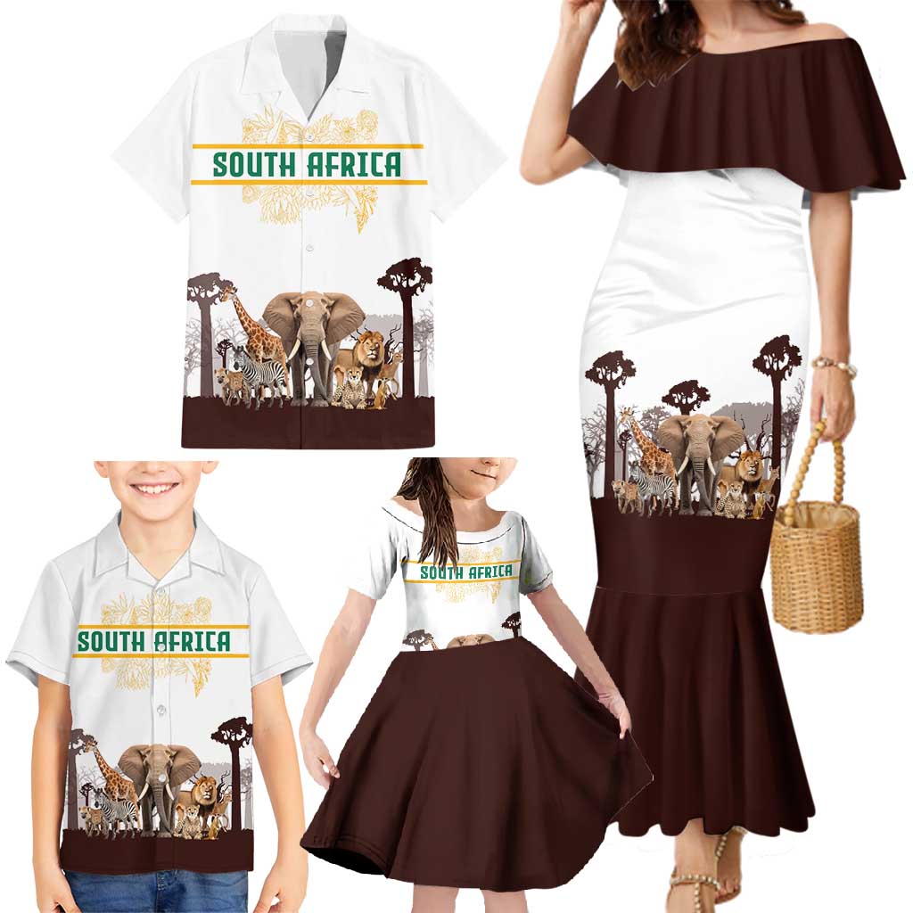 South Africa Wildlife Pride Family Matching Mermaid Dress and Hawaiian Shirt Big Five with National Flag and Protea Floral Accent