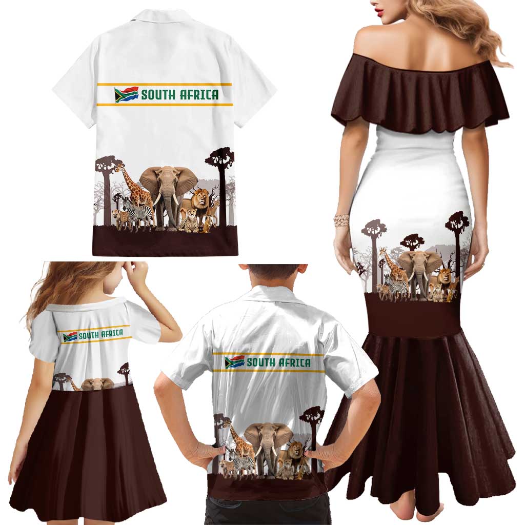 South Africa Wildlife Pride Family Matching Mermaid Dress and Hawaiian Shirt Big Five with National Flag and Protea Floral Accent