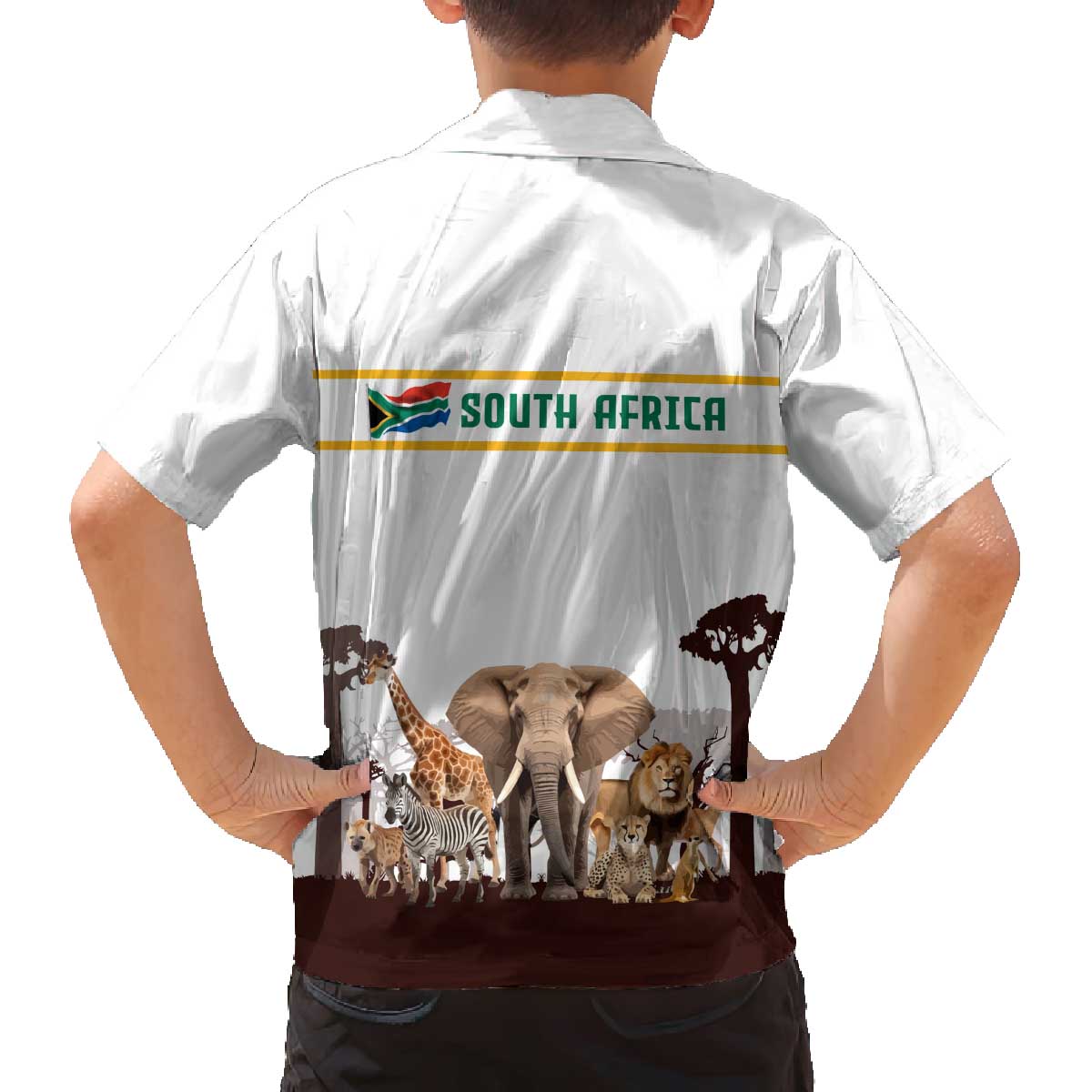 South Africa Wildlife Pride Family Matching Off The Shoulder Long Sleeve Dress and Hawaiian Shirt Big Five with National Flag and Protea Floral Accent