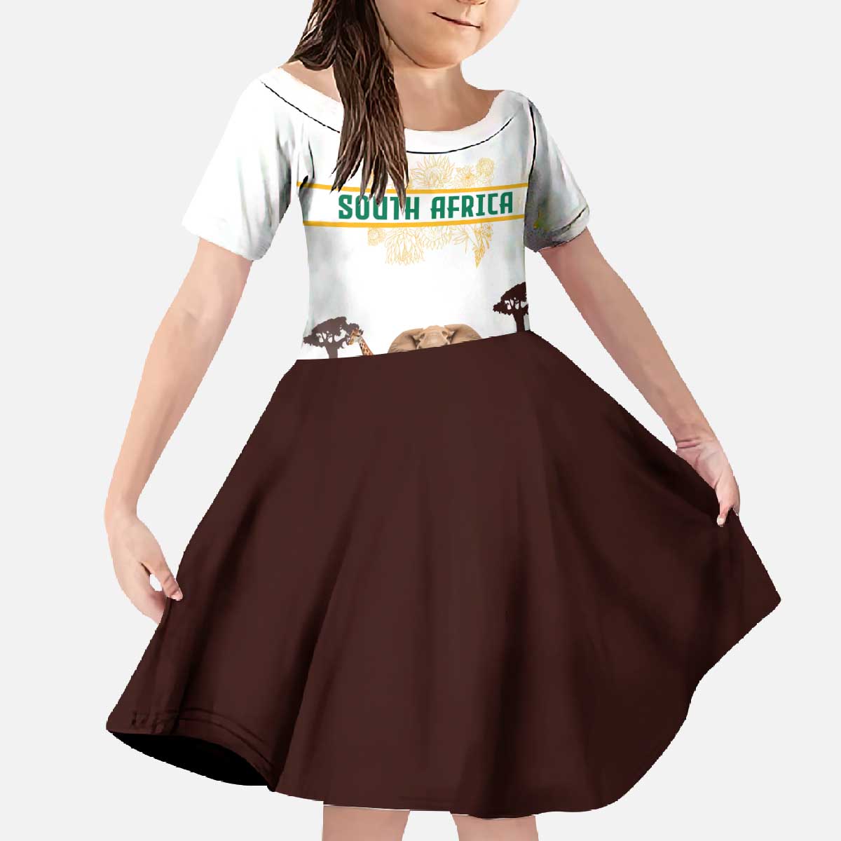 South Africa Wildlife Pride Family Matching Off The Shoulder Long Sleeve Dress and Hawaiian Shirt Big Five with National Flag and Protea Floral Accent