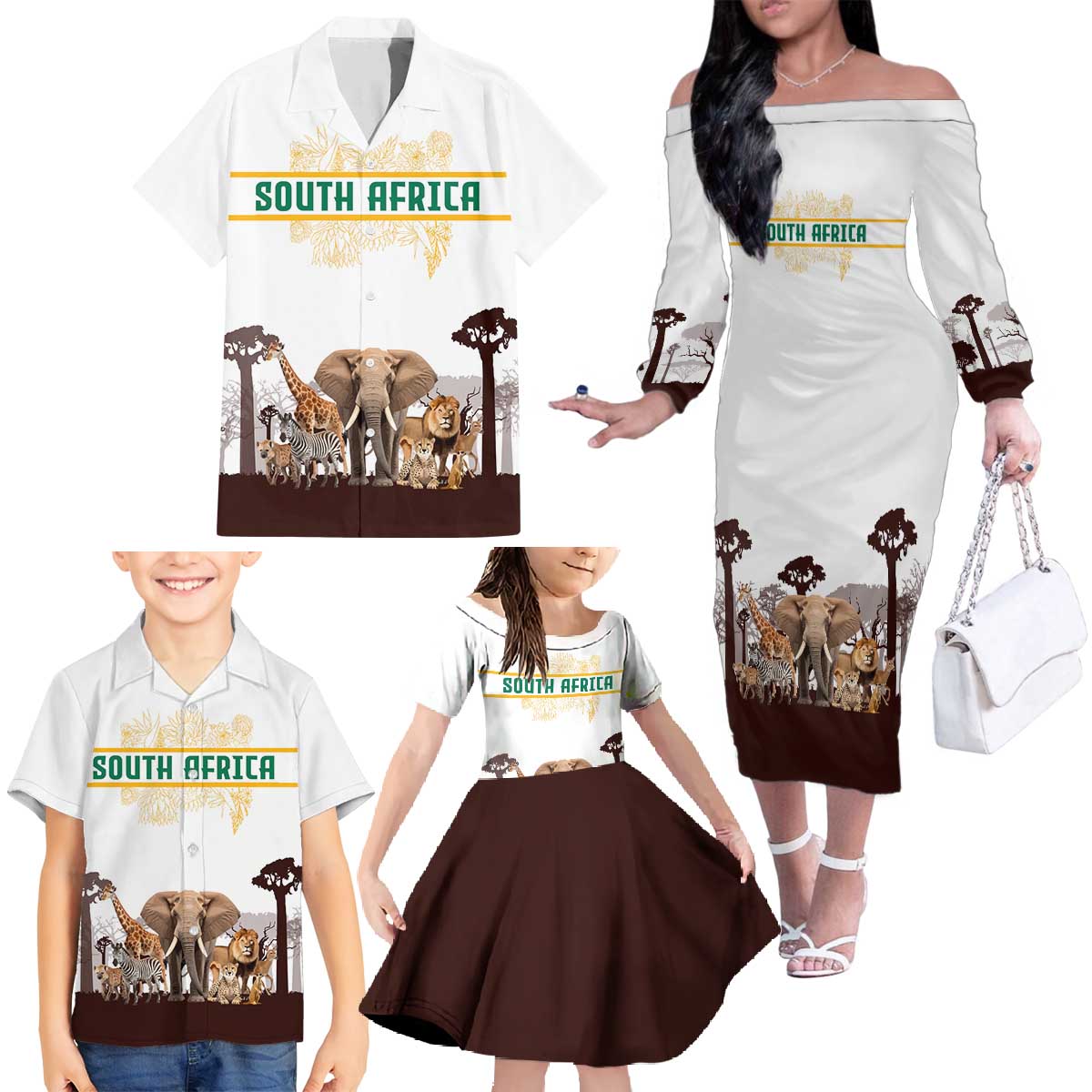 South Africa Wildlife Pride Family Matching Off The Shoulder Long Sleeve Dress and Hawaiian Shirt Big Five with National Flag and Protea Floral Accent