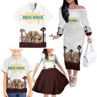 South Africa Wildlife Pride Family Matching Off The Shoulder Long Sleeve Dress and Hawaiian Shirt Big Five with National Flag and Protea Floral Accent