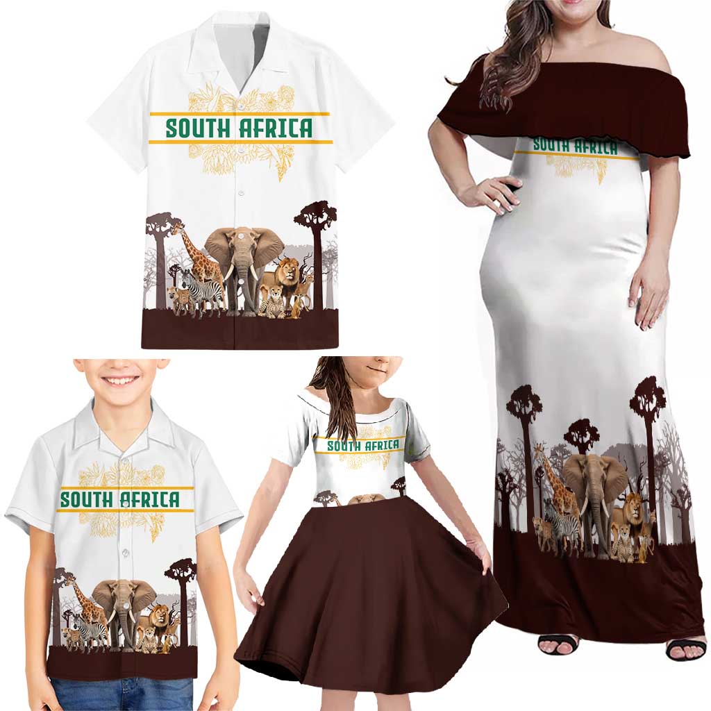 South Africa Wildlife Pride Family Matching Off Shoulder Maxi Dress and Hawaiian Shirt Big Five with National Flag and Protea Floral Accent
