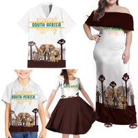 South Africa Wildlife Pride Family Matching Off Shoulder Maxi Dress and Hawaiian Shirt Big Five with National Flag and Protea Floral Accent