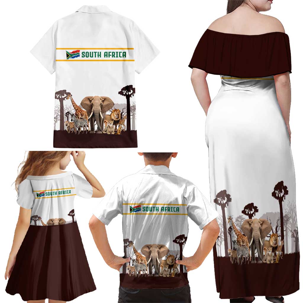 South Africa Wildlife Pride Family Matching Off Shoulder Maxi Dress and Hawaiian Shirt Big Five with National Flag and Protea Floral Accent