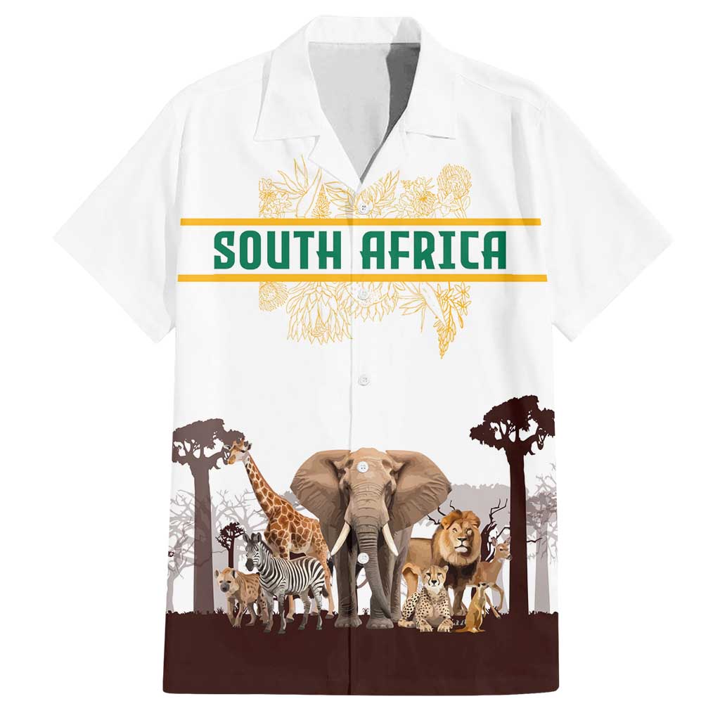South Africa Wildlife Pride Family Matching Off Shoulder Maxi Dress and Hawaiian Shirt Big Five with National Flag and Protea Floral Accent