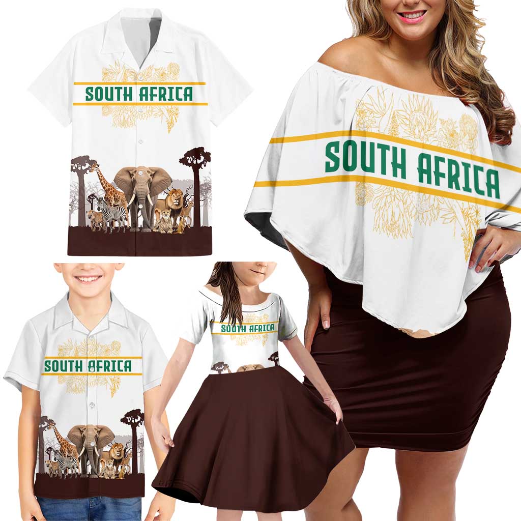 South Africa Wildlife Pride Family Matching Off Shoulder Short Dress and Hawaiian Shirt Big Five with National Flag and Protea Floral Accent