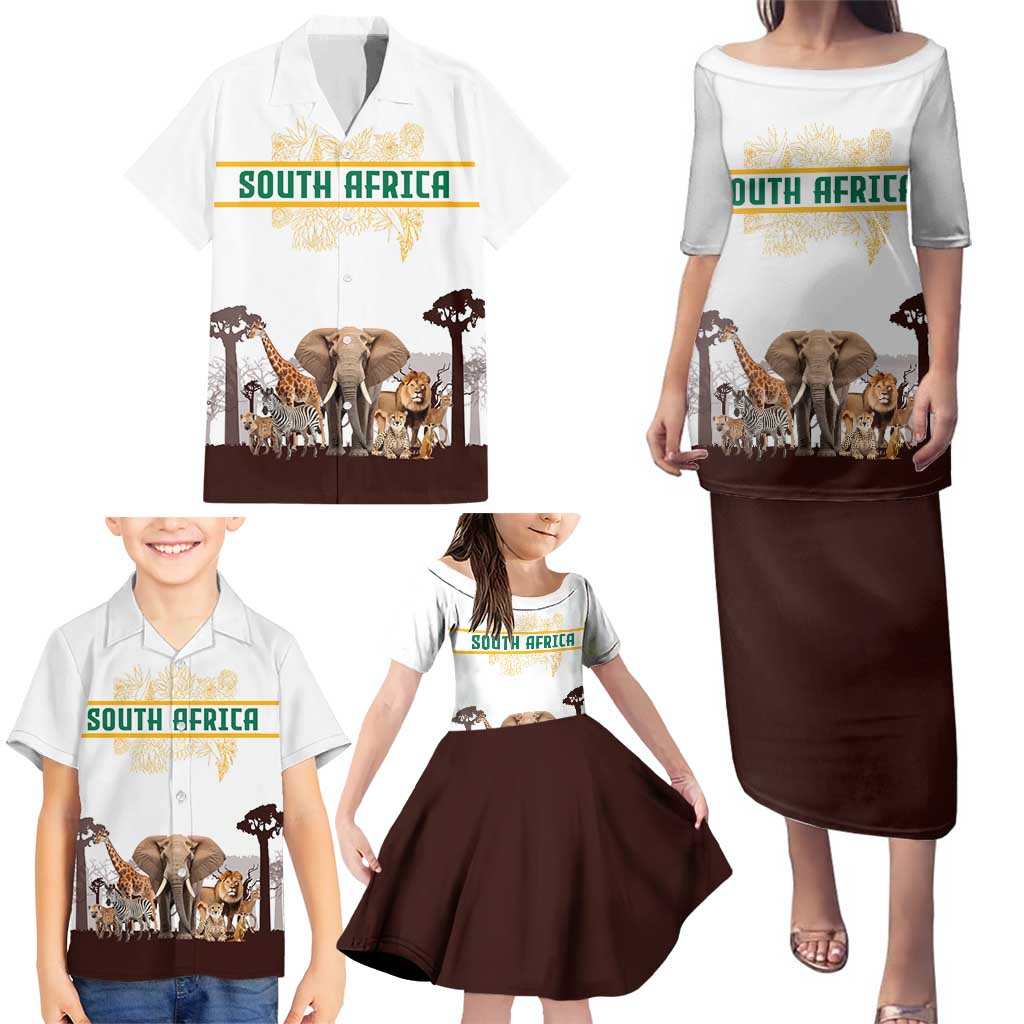 South Africa Wildlife Pride Family Matching Puletasi and Hawaiian Shirt Big Five with National Flag and Protea Floral Accent