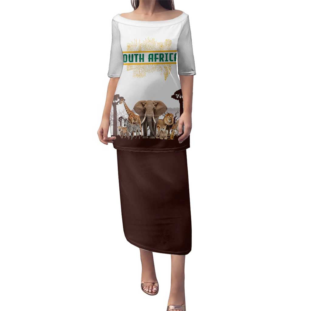 South Africa Wildlife Pride Family Matching Puletasi and Hawaiian Shirt Big Five with National Flag and Protea Floral Accent