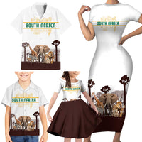 South Africa Wildlife Pride Family Matching Short Sleeve Bodycon Dress and Hawaiian Shirt Big Five with National Flag and Protea Floral Accent