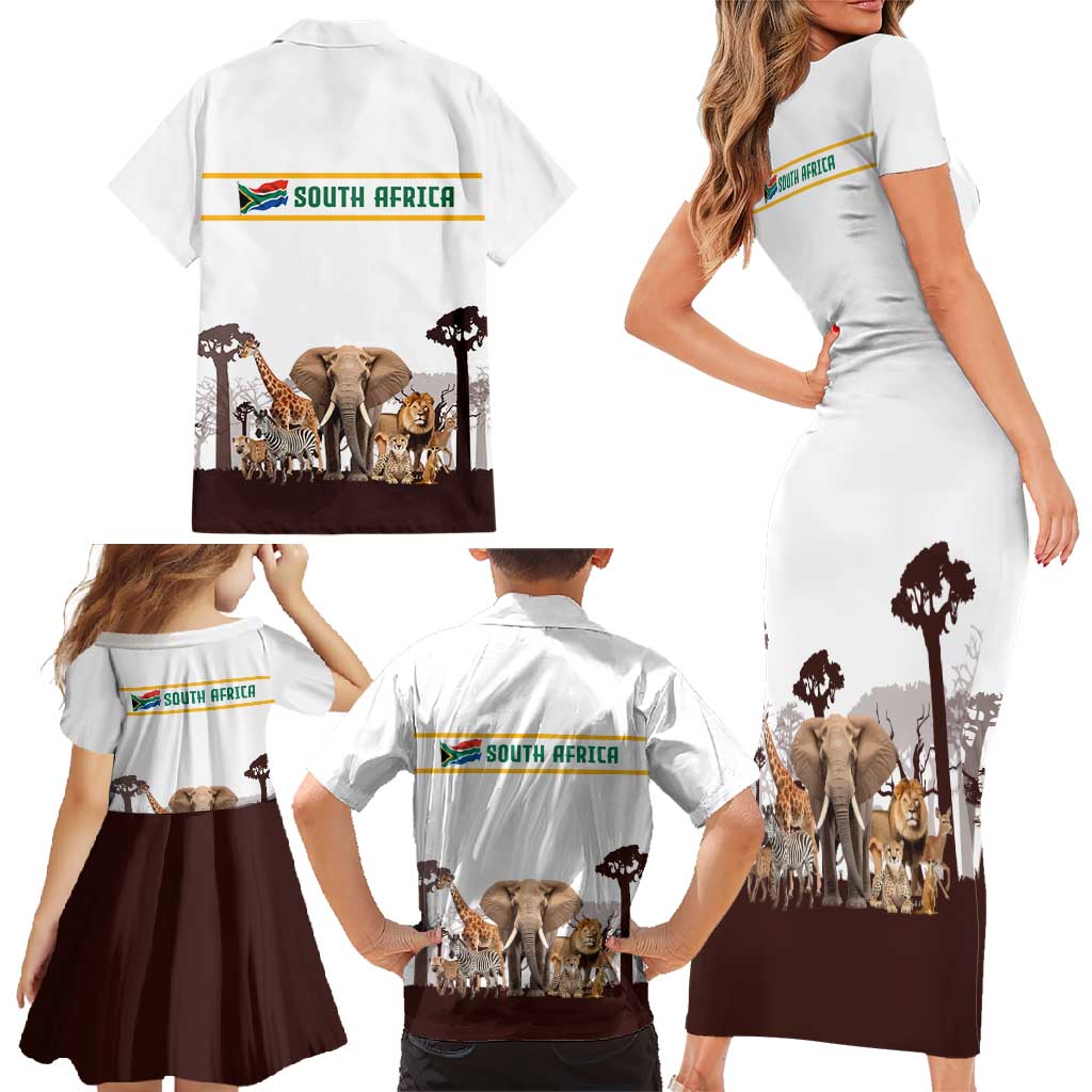 South Africa Wildlife Pride Family Matching Short Sleeve Bodycon Dress and Hawaiian Shirt Big Five with National Flag and Protea Floral Accent